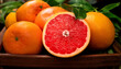 © SolaruS - Juicy grapefruit halves and whole fruits in a rustic wooden crate, showcasing vibrant color and freshness. Perfect for health, food, and lifestyle themes.  Ideal for websites, blogs, and print media.