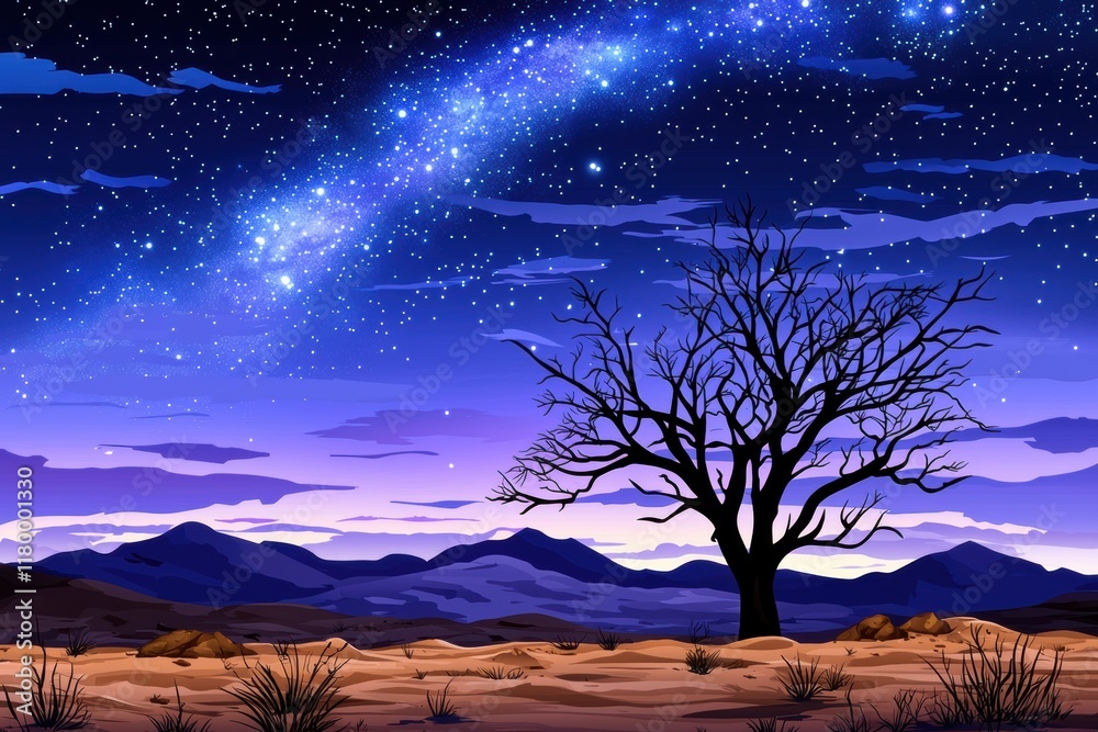 Solitary quiver tree under a starry Namibian night sky with the Milky ...