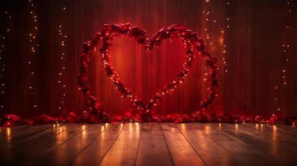 Poster - Podium framed by a heart-shaped arch wrapped in red ribbons and twinkling lights 