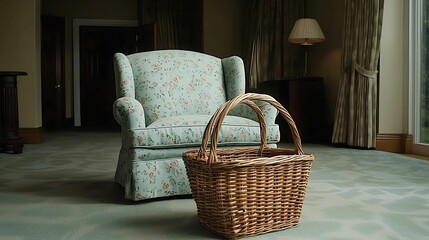 Wall Mural - A cozy, floral-patterned chair sits next to a woven basket in a softly lit room, creating a warm and inviting atmosphere.