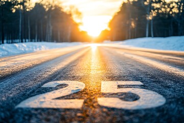 Asphalt road with number 25 and sunset sky background, business and transportation concept