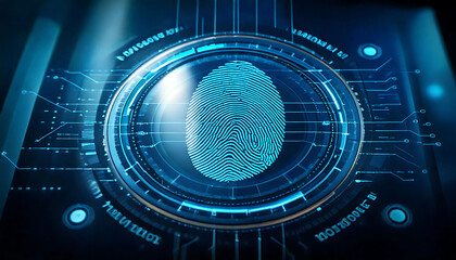 Poster - Stunning abstract image of a fingerprint within a futuristic technological interface.  Perfect for illustrating concepts of security, biometrics, technology, and digital identity. Ideal for websites,
