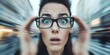 © Yan - A surprised woman with glasses, expressing shock or disbelief, set in a blurred urban background. Concept Surprised Expression, Urban Background, Glasses Fashion, Shocked Emotion, Candid Photography
