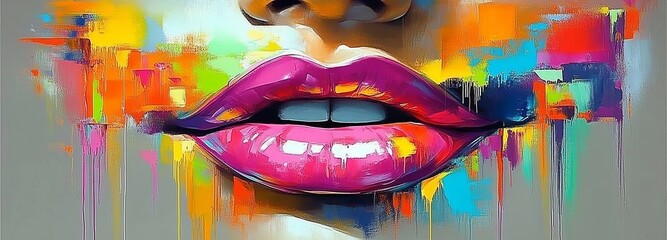 Poster - Hand-drawn, bright and vibrant mouth painting with abstract art elements set against a panoramic background, rich in colors and textures