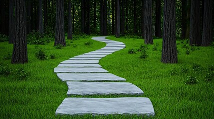 Wall Mural - a winding stone pathway stretches through lush green grass, surrounded by tall trees, inviting explo