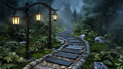 Wall Mural - a serene forest path illuminated by lanterns, surrounded by lush greenery and fog, creating a tranqu