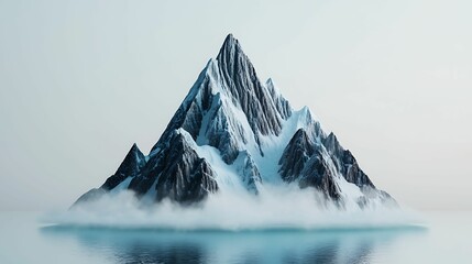 Wall Mural - A majestic, snow-capped mountain rises from calm waters, shrouded in mist, creating a serene and tranquil landscape.
