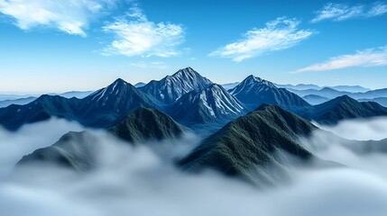 Wall Mural - A breathtaking mountain landscape with peaks rising above a sea of clouds under a clear blue sky, creating a serene and majestic view.