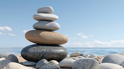 Wall Mural - a serene stack of smooth stones on a sandy beach, overlooking a calm sea under a clear blue sky.