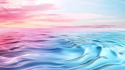 Wall Mural - a serene ocean scene with gentle waves reflecting a pastel sky, blending shades of pink and blue, ev