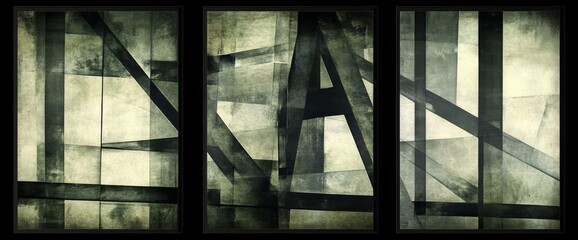 Poster - A set of abstract wall art featuring a modern background. The wall decor design incorporates green paint, geometric shapes, and a watercolor texture. This abstract watercolor painting serves as ideal