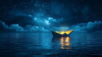 Wall Mural - Paper boat floats on calm night sea.