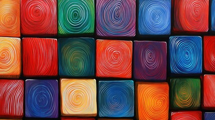 Poster - A vibrant background featuring wooden blocks in various colors. A series of multi-colored wooden blocks arranged in a spectrum. This setup serves as a background or cover for any creative or diverse