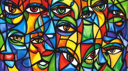 Fototapete - A vibrant, abstract faces illustration in cubism style, suitable for wallpaper and background design, art print
