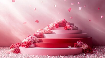 Poster - Romantic podium with glossy red and pink tiers, accented by scattered roses and pearls 