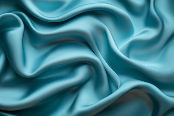 Photo of teal green satin fabric texture background for design, close-up view. Web banner with copy space on the right.