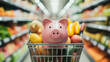 © Maridav - Pink piggy bank sitting in a grocery cart filled with fresh produce. symbolizing budgeting and saving money or expensive groceries, so need to bring savings. Image made using Generative AI
