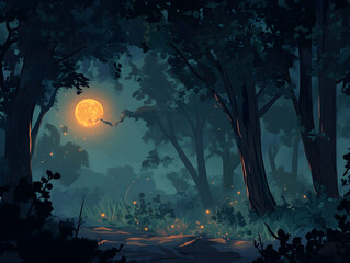 Wall Mural - a dark forest under a full moon casting a mysterious glow through the trees -