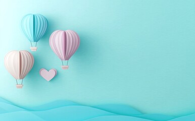 Poster - A festive banner template in a creative paper craft style features 3D paper art of red heart balloons soaring in the sky, with a blue abstract wave layer cut background