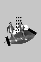 Aufkleber - Vertical collage picture of two excited cheerful black white colors partners hold arms running big green leaf isolated on drawing background