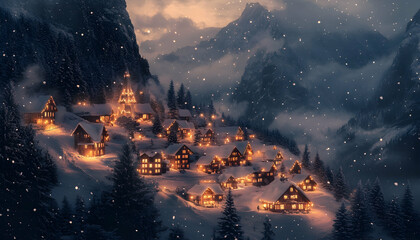 Wall Mural - A mountain village glowing with warm lights as snow gently falls over the peaceful winter landscape  -