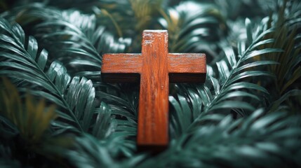 Wooden cross lies on green palm branches. Religious Christian holiday, Palm Sunday and Easter Day concept. Close-up of cross on palm branches.