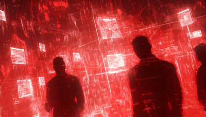 Wall Mural - Abstract hackers depicted in red tones surrounded by digital symbols and data streams  -