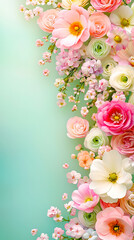 Poster - A vibrant collection of flowers with different colors and shapes, beautifully arranged against a soft green backdrop, evoking a spring ambiance