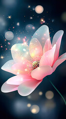 Poster - Delicate pink flower radiates soft light against a tranquil blue backdrop, creating a magical and dreamy atmosphere at twilight