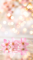 Poster - Delicate pink cherry blossoms float on still water, surrounded by a dreamy, soft-focused bokeh of light, evoking tranquility in spring