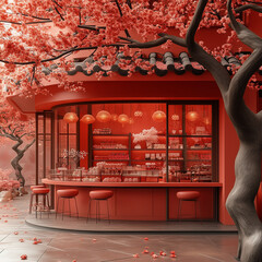  business store on red background, cherry blooming