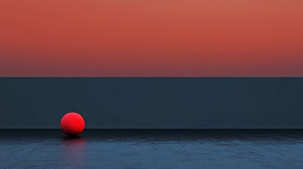 Wall Mural - Red ball is sitting on a dark blue surface. The ball is the only object in the image. The background is a deep blue color, and the sky is a warm orange color