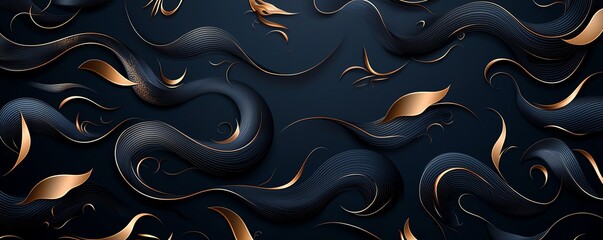 Poster - Abstract design featuring flowing black and gold shapes on a dark background. Ideal for modern art, wallpapers, or digital backgrounds, creating a sense of movement and elegance.