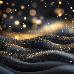 Poster - A mesmerizing abstract background featuring golden glitter waves against a dark backdrop, perfect for creative projects, advertisements, and digital designs.