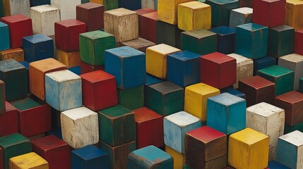 Poster - Wooden blocks with a colorful background. Multi-colored wooden blocks aligned to form a spectrum, functioning as a creative or diverse backdrop