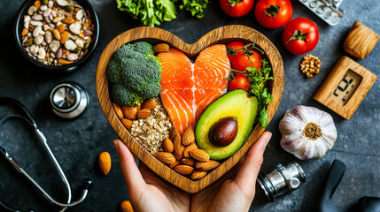 Poster - A heart-shaped bowl holds fresh salmon, vibrant vegetables, nuts, and seeds, promoting a healthy and balanced diet for wellness