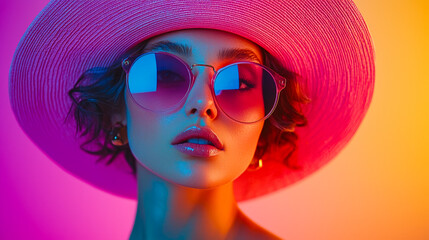 Poster - A woman with curly hair poses confidently in a pink hat and sunglasses, illuminated by bright, colorful lights in a studio