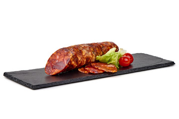 Wall Mural - Spanish pork chorizo sausage, close-up, isolated on white background.