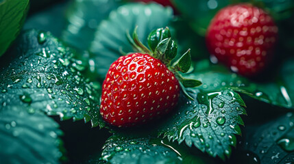 Fototapete - Ripe strawberries sit on vibrant green leaves, adorned with glistening water droplets, showcasing their freshness in a natural garden setting