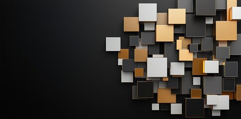 Poster - A visually striking abstract design featuring a collection of geometric squares in black, white, gold, and gray hues, perfect for modern backgrounds or artistic projects.