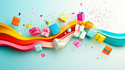 Poster - Gift boxes in various colors and sizes hover above a bright wavy design with confetti, creating a festive and joyful ambiance