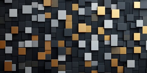 Poster - A modern abstract composition of geometric squares in shades of black, silver, and gold