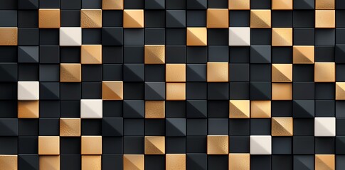 Poster - A visually striking abstract pattern composed of dark and metallic squares, featuring a dynamic arrangement of geometric shapes that create depth and texture.