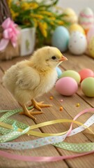 Sticker - Baby Chick on Wooden Table With Colorful Easter Eggs. Generative AI