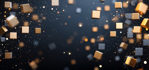 Poster - An abstract background featuring falling cubes in gold and silver tones, creating a dynamic visual effect with sparkling particles against a dark backdrop, ideal for modern design.