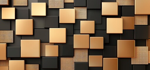 Poster - A visually striking abstract design featuring a collage of gold and black square shapes. Perfect for backgrounds, wallpapers, or as a texture for graphic projects.