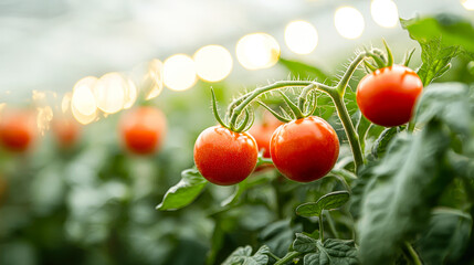 Poster - Bright red tomatoes grow on green vines inside a well-lit greenhouse, showcasing vibrant colors and healthy plants bathed in natural light