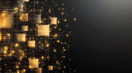 Poster - A captivating abstract background featuring glowing golden squares against a dark backdrop, ideal for digital designs, technology themes, or any creative project.
