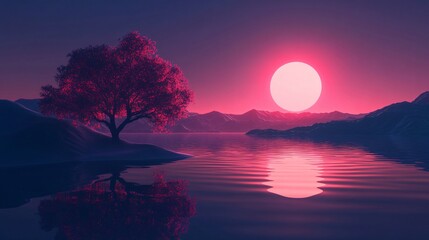 Wall Mural - Tree is reflected in the water of a lake. The sky is pink and the sun is setting