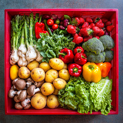 Poster - A vibrant collection of fresh vegetables and fruits, including lettuce, peppers, potatoes, and strawberries, fills a red basket on a gray surface